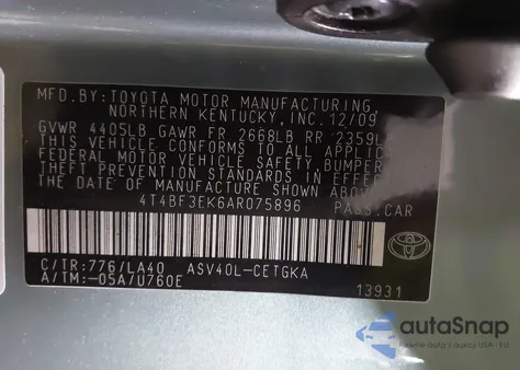 2010 Toyota Camry Xle из США, поврежденный, VIN 4T4BF3EK6AR075896